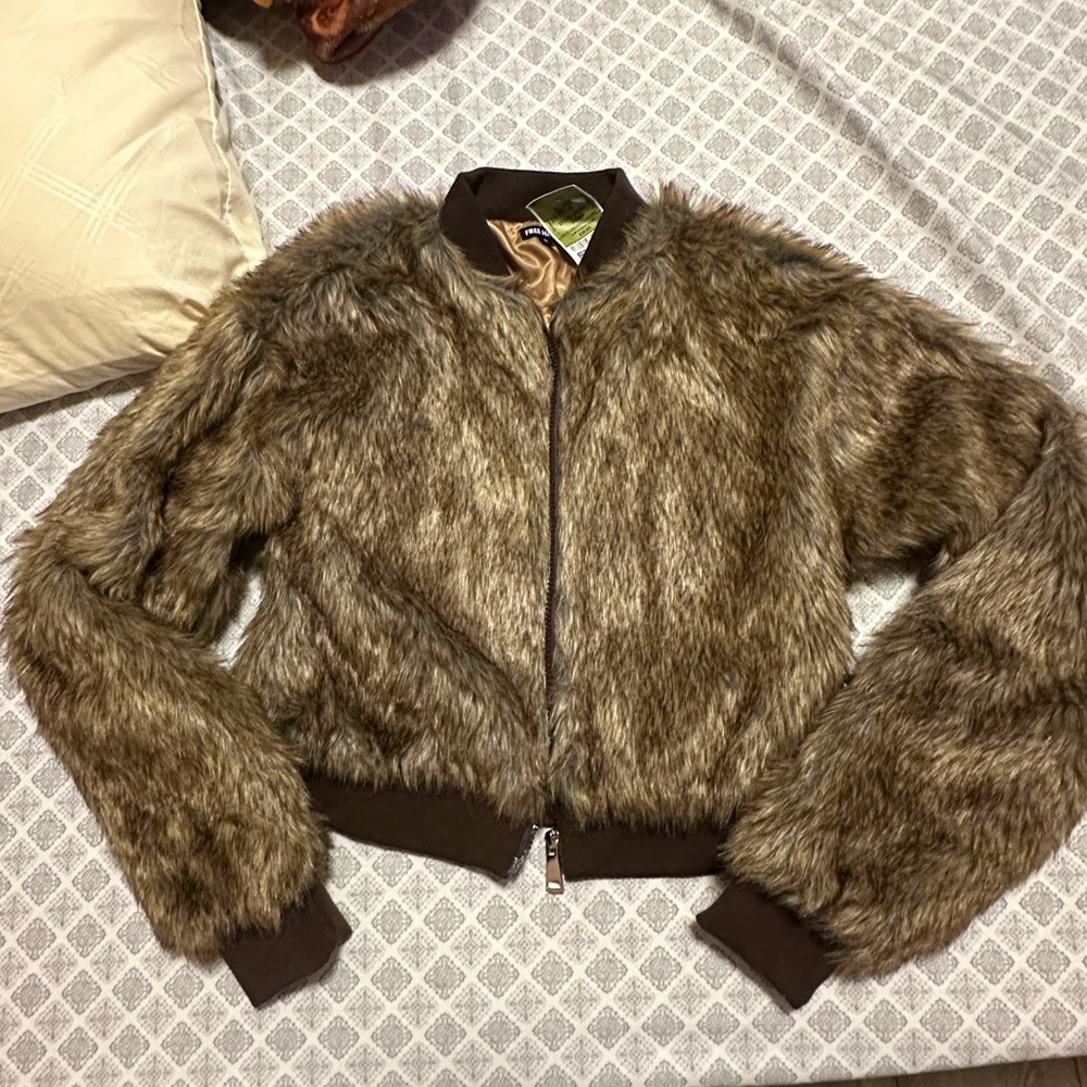 Faux Fur Jacket in Brown with Satin Lining